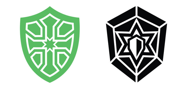 Two shield featuring geometric patterns, one in green and one in black, isolated on a white background, for security and, protection concepts
