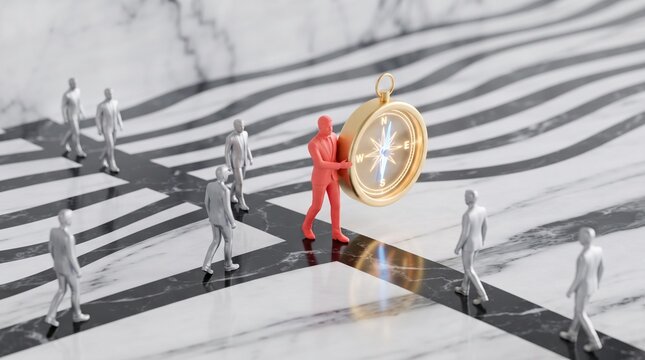 Red figure holding a large golden compass guiding gray figures on paths
