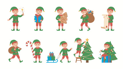 Fototapeta premium Set of cute Christmas elf characters in various poses with gifts and festive decorations isolated on white background