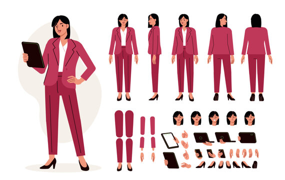 Confident CEO top manager woman vector illustration. Character body parts, postures, poses collection. Front, side, back view.