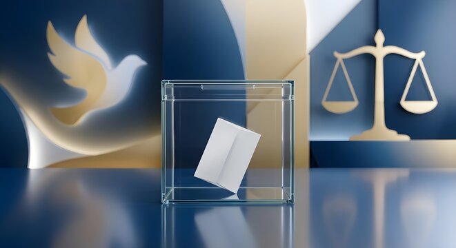 Election voting box with ballot paper, scale and dove