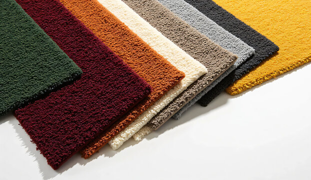 Stack of colorful plush carpet and rug texture samples isolated on white background