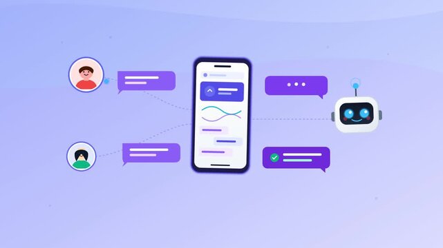 2D animation showing users interacting with an AI chatbot via a smartphone interface for customer service and digital communication
