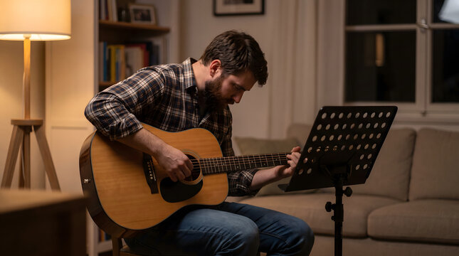 A bearded adult man in a plaid shirt plays acoustic guitar while referencing sheet music in a cozy indoor room at night.