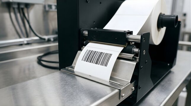 Industrial label printer machine applying barcode stickers in a factory