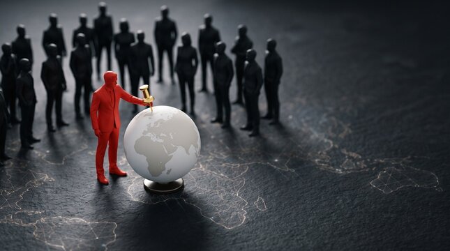 Red figure standing beside a miniature globe surrounded by dark figures
