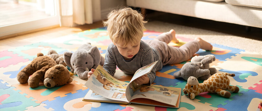 A young toddler lies on a colorful playmat, focusing on an open picture book with stuffed toys around in a bright home interior.