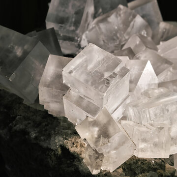 w&uuml;rfelf&ouml;rmige Kristalle des Minerals Halit in einer Mineraliensammlung