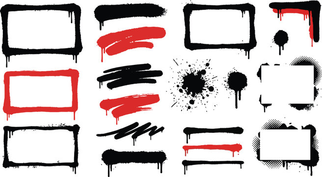 Set of spray paint frames, brush strokes, and ink splatters with drip effects in black and red colors vector