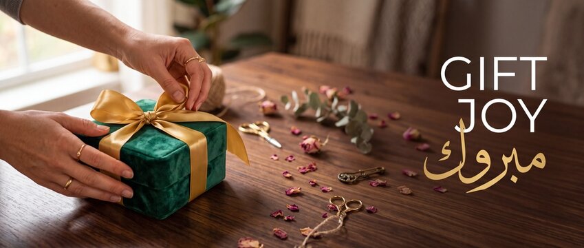 Green velvet gift box wrapping hands tying gold ribbon on wooden table with Arabic congratulations Mabrouk calligraphy and dried rose flowers for festive Eid Mubarak holiday celebration greeting card