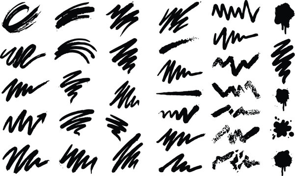 Set of abstract brush strokes, scribbles, zigzags, and ink splatters with drip effects vector