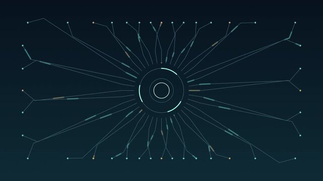 Cyan and Amber Data Pulses Radiating Through a Circular Network