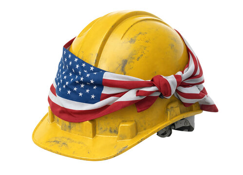 Worn yellow construction hard hat wrapped with an american flag bandana isolated on white background transparent background