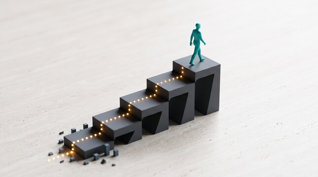 A small green figure walking up a glowing ascending staircase.