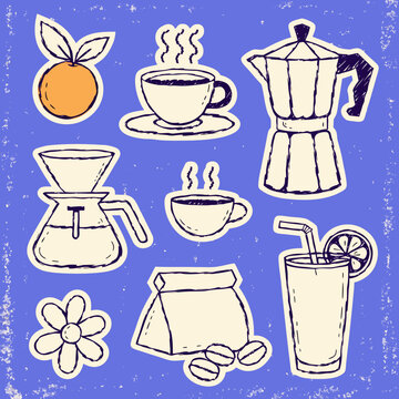 Cute Vintage Coffee and Beverage Sticker Set Moka Pot Chemex Beans