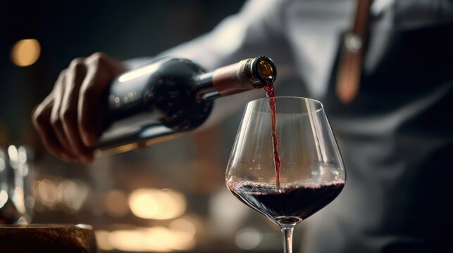 Realistic waiter hand pouring red wine, luxury restaurant mood, no faces visible, professional advertising photography 
