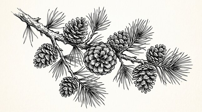 Vector sketch hand drawn pine cones on a branch, line art
