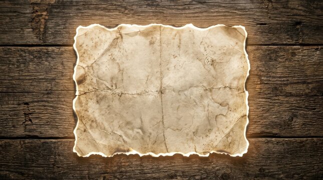 Old parchment paper on wooden background with glowing light around edges, blank vintage page for text.