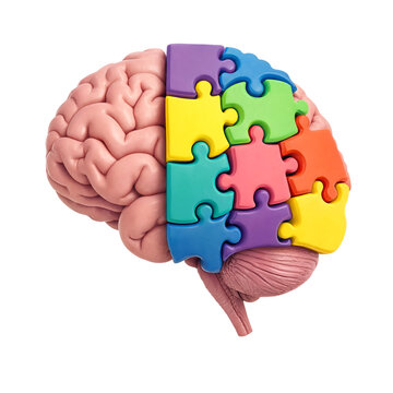 Human brain anatomy model with colorful jigsaw puzzle pieces concept transparent background
