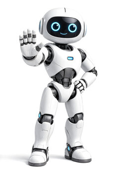 Friendly humanoid robot with a cute face and modern design waving its hand in greeting