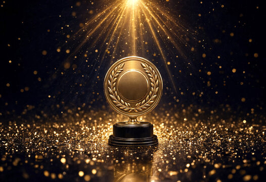 Golden trophy cup with laurel wreath design shining brightly on glittering background radiant light effects