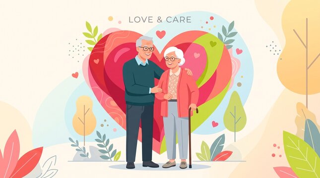 Elderly couple standing inside heart with love text