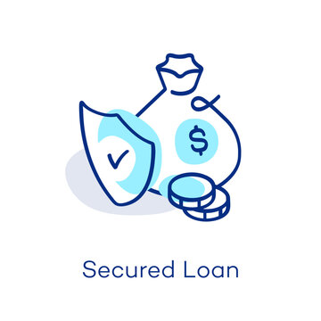 Linear secured loan icon in isometric view, featuring a decorative curved line with a colorful accent. Symbol representing debt, finance, protection and pledge.