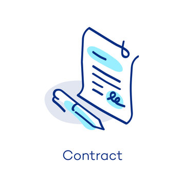 Linear contract icon in isometric view, featuring a decorative curved line with a colorful accent. Symbol representing signed document, application, agreement and deal.