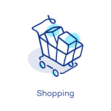 Linear shopping icon in isometric view, featuring a decorative curved line with a colorful accent. Symbol representing shopping cart, store, purchase, buying, products, goods, retail and sales.