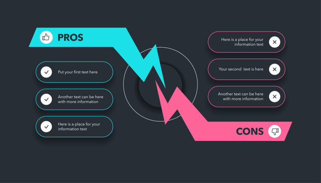 Infographic template illustrating the advantages and disadvantages of a topic, product, service or decision. Modern visual layout for comparing pros and cons, suitable for presentations and reports.