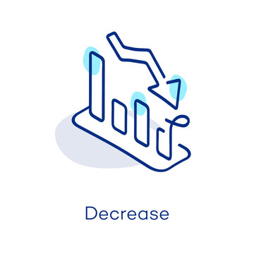 Linear decrease icon in isometric view, featuring a decorative curved line with a colorful accent. Symbol representing graph, chart, loss, falling and slump.
