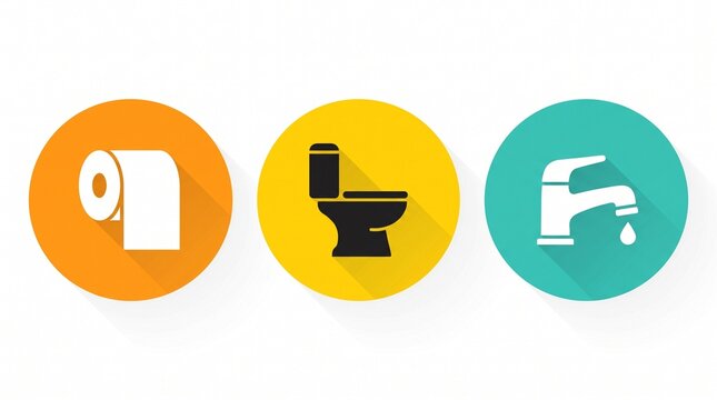 Three bathroom icons with toilet paper, toilet, faucet