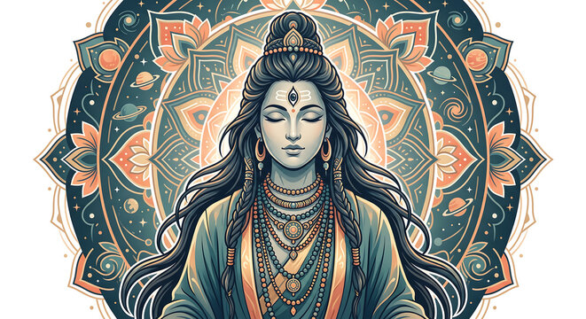 Spiritual vector illustration of Hindu Goddess Durga or Parvati in meditation with third eye and decorative mandala background
