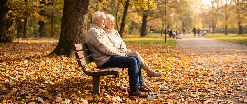 An elderly couple sits closely together on a wooden bench in an autumn park, surrounded by fallen golden leaves on a sunny day.