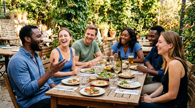 Happy Diverse Group of Friends Enjoying Outdoor Dining and Conversation at a Restaurant