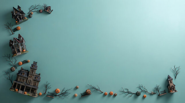 Halloween spooky border with miniature haunted houses and pumpkins on a solid light blue background