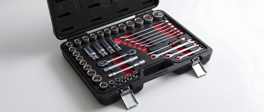 A complete set of hand tools including sockets, wrenches and ratchets, neatly arranged in a hard plastic storage case for repair work.