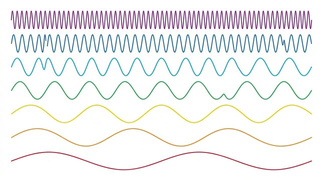 Set of Colorful Sine Wave Lines with Different Frequencies and Wavelengths for Scientific and Graphic Design Projects