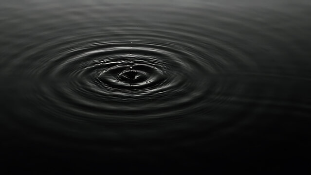 Water drop creating circular ripples on smooth dark liquid surface