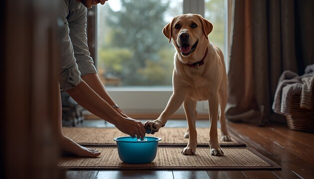 Owner Washing Labrador Paw in Blue Bowl at Cozy Home Entryway