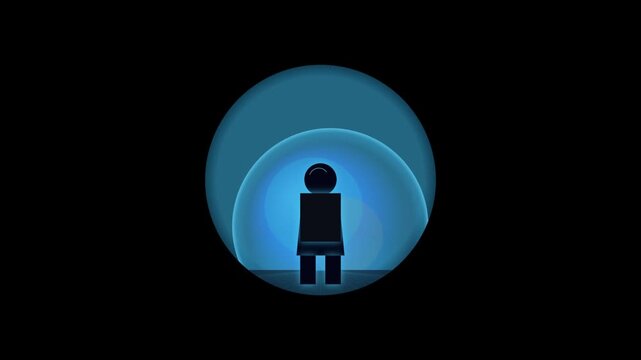 Minimalist stick figure standing in blue glowing circle, abstract human silhouette in dark space, conceptual animation of isolation and safety