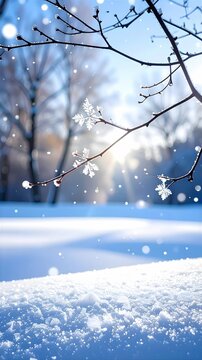 Snowflakes are falling through the air; in the background is a beautiful winter landscape.