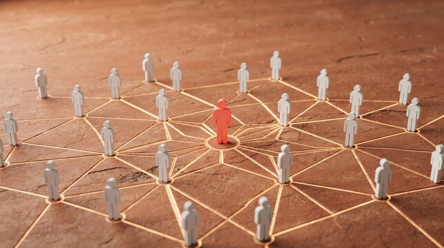 Red figure standing out among white figures connected in network