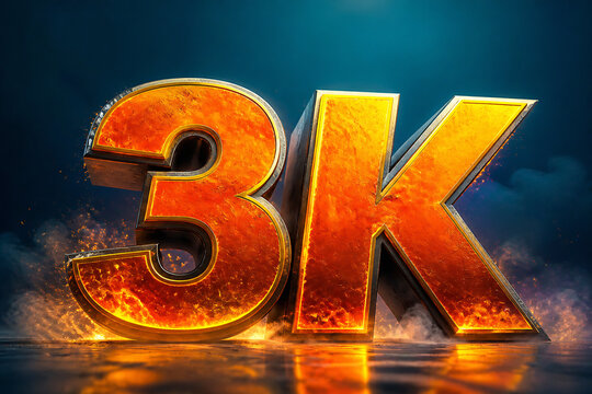 A fiery, glowing "3K" graphic is displayed against a dark, smoky blue background.
