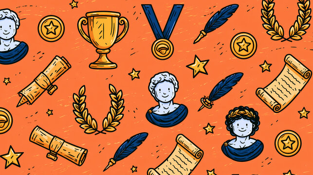 Doodle pattern featuring ancient roman busts trophies scrolls and medals on orange background