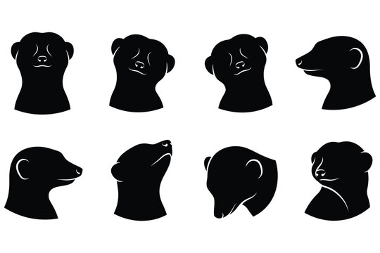 Black silhouettes of various dog breeds facing different directions in a row
