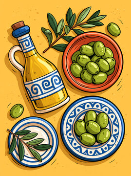 A bottle of olive oil sits on a table next to bowls filled with fresh green olives