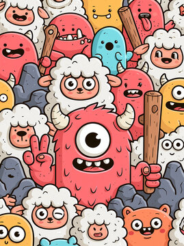 Many cute colorful monsters and sheep characters make funny faces together in a doodle art style