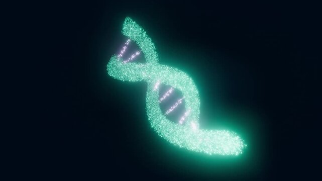 Glowing green DNA helix animation composed of thousands of luminous particles against a dark background