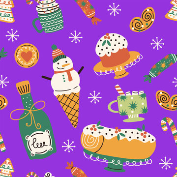 Christmas sweets and decorations seamless pattern. Festive vector illustration with cake, cookies, candy, snowman, champagne and hot drinks, perfect for winter design, wrapping, and Christmas decor.